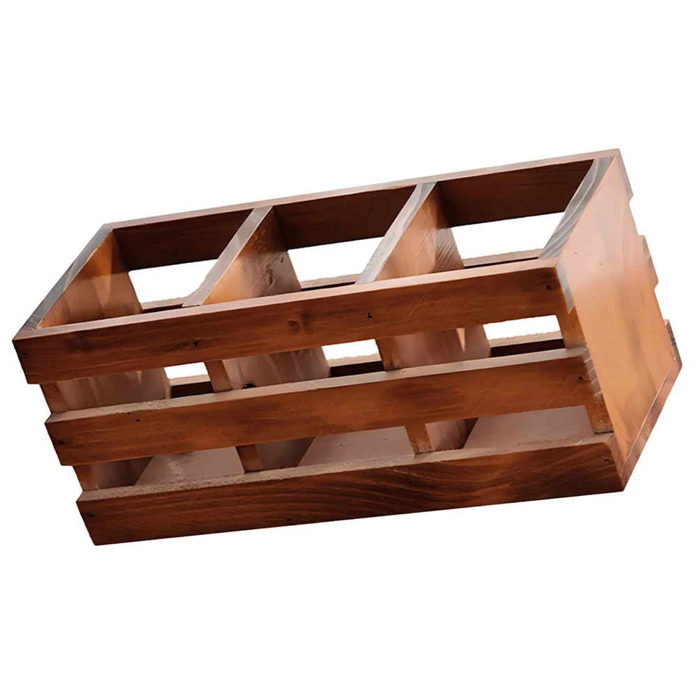 

Solid Wood Vintage Desktop Organizer Brown Retro Three-Compartment Pen Holder Remote Makeup Brush Storage Box