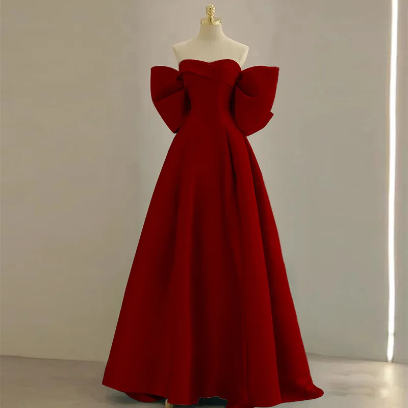 Sexy Strapless Burgundy Wedding Dress Qipao Elegant Back Bow A-Line Maxi Dress Formal Party Dress Sweet Princess Banquet Dress