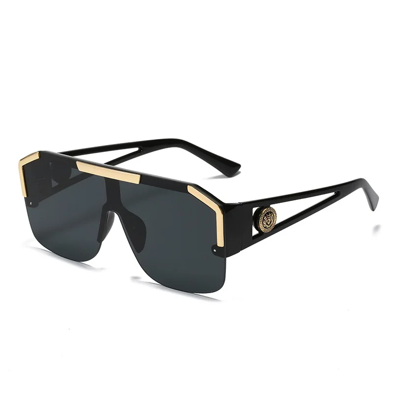 One Pieces Sunglasses Women Brand Flat Top Large Glasses Lion Head Hollow Out Big Sun Shades Uv400 Half Frame Eyewear