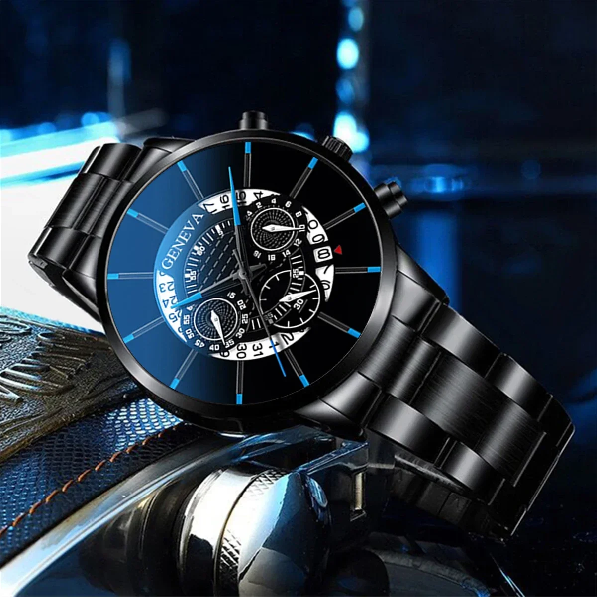 2PCS Fashion Classic Mens Black Watches Set Men Business Stainless Steel Quartz Watch Male Calendar Wristwatch Leather Bracelet