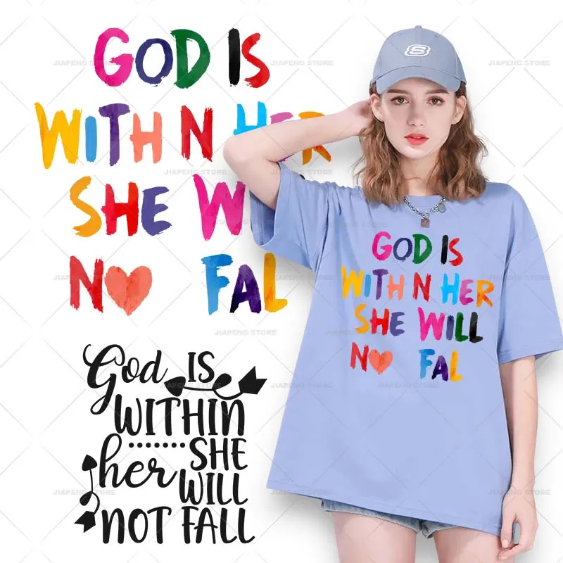 God is within Heat Transfer Vinyl Sticker Iron On Transfers For Clothes Hoodie Letter Patches Applique Washable Gift DIY