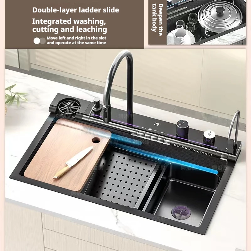 Digital Display Double waterfall stainless steel kitchen sink smooth blowdown double layer ladder slide  cup cleaner