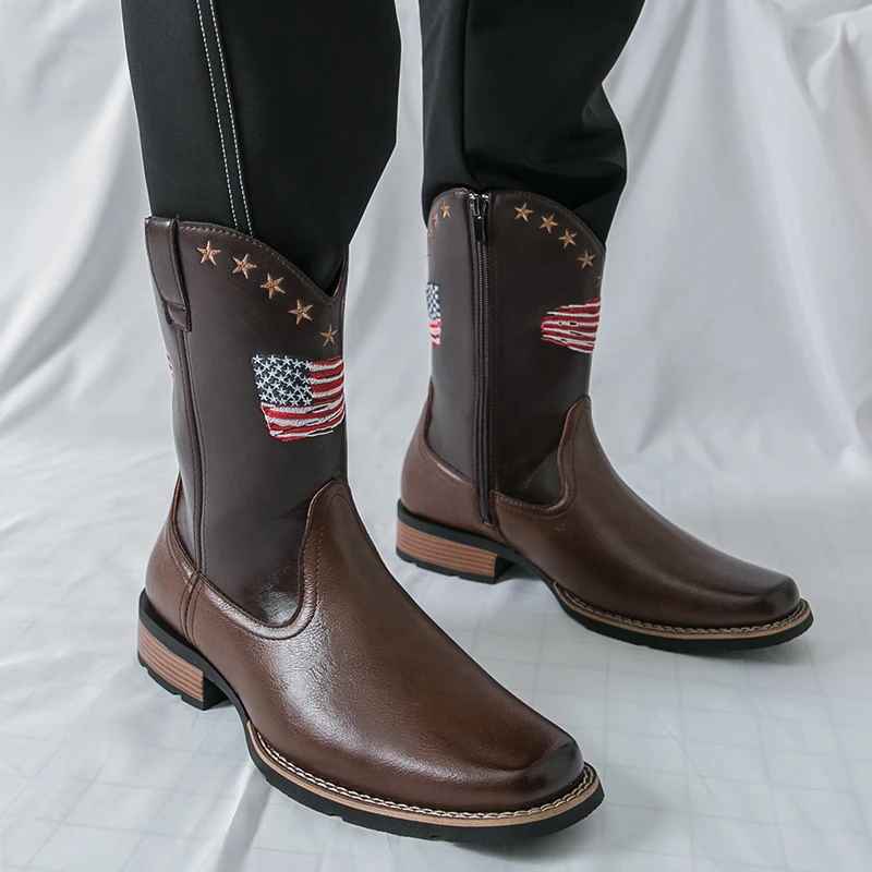 Men's Plaid Square Toe Low Heel Easiest for Match National Flag ZIP Outdoor Cowboy Boots