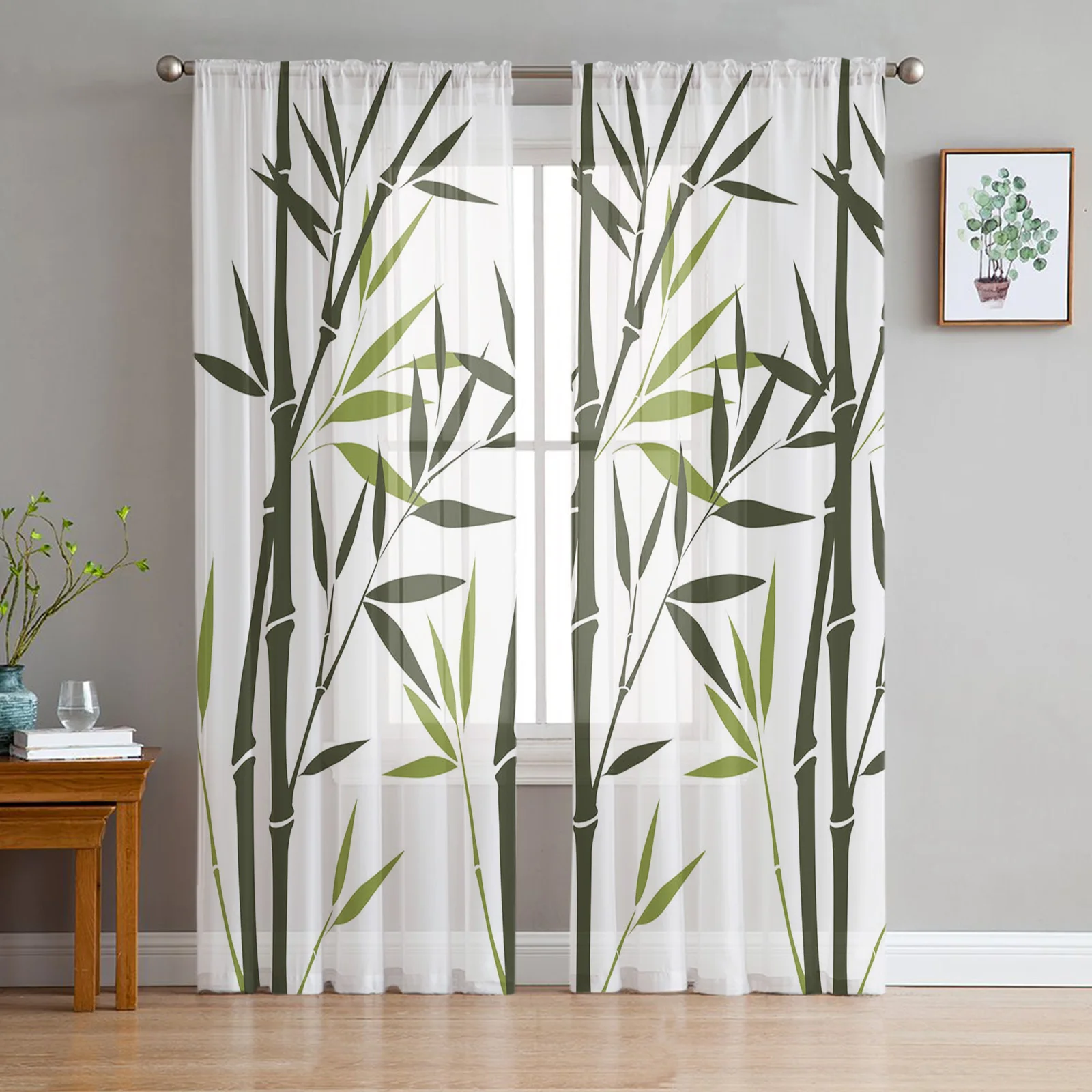 

Bamboo Forest Green Plant Branch Tulle Sheer Window Curtains for Living Room the Bedroom Voile Decorative Curtains Drapes