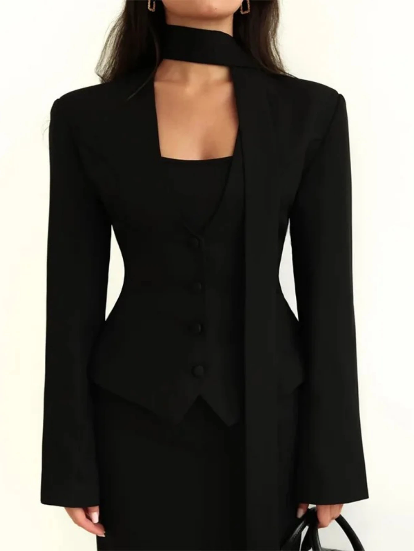 

Модная однотонная куртка-топ с V-образным вырезом и шарфом, повседневная, с длинными рукавами, в западном стиле, для женщин, трансграничная торговля одеждой