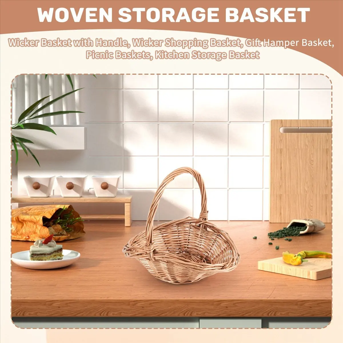 Top Rated-Wicker Basket with Handle, Wicker Shopping Basket, Gift Hamper Basket, Picnic Baskets, Kitchen Storage Basket- Small