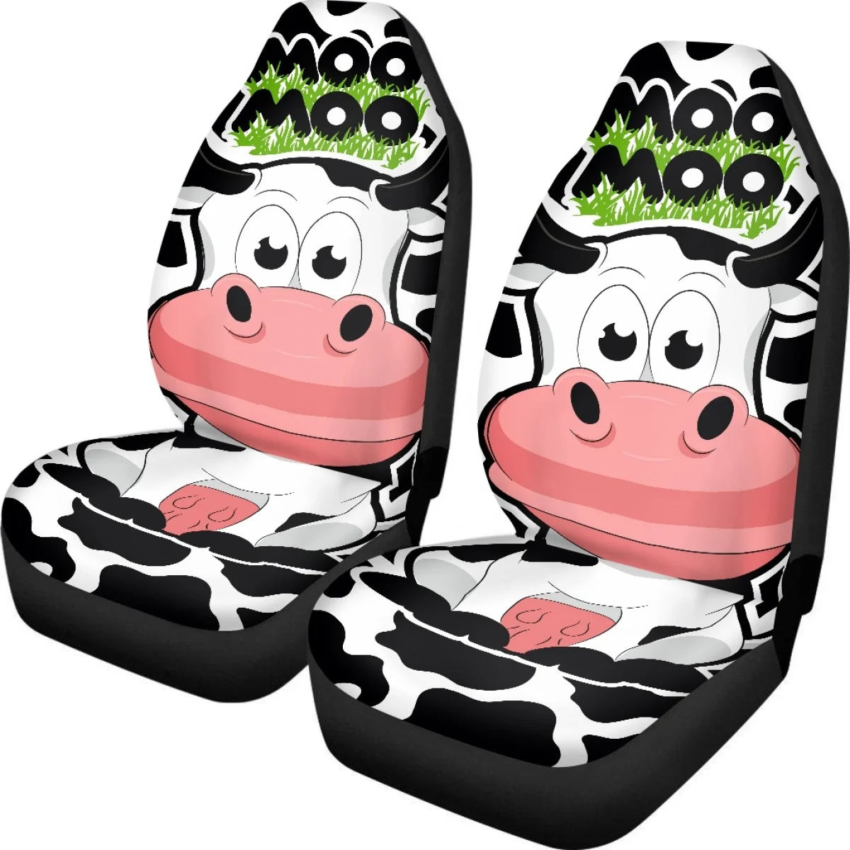 Cute Dairy Cow Cartoon Pattern Car Seat Covers Front Set in Cloth Car Seat Covers for Low Back Car Seats with Removable Headrest