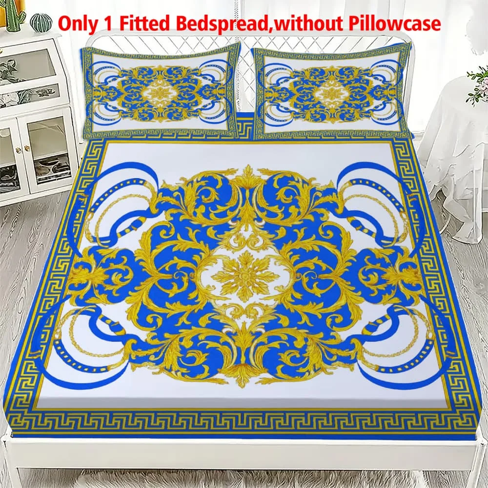 1pc Baroque Gold & Blue Scroll Print Fitted Sheet Deep Pocket Elastic Mattress Cover Single Double Queen King Bedroom Decor