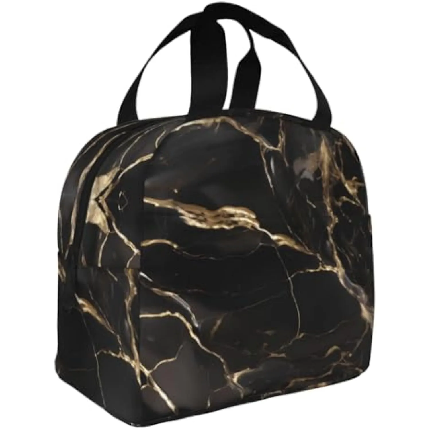 Black Gold Marble Print Insulated Lunch Bag Reusable Portable Lunch Box for Adults Office School Picnic