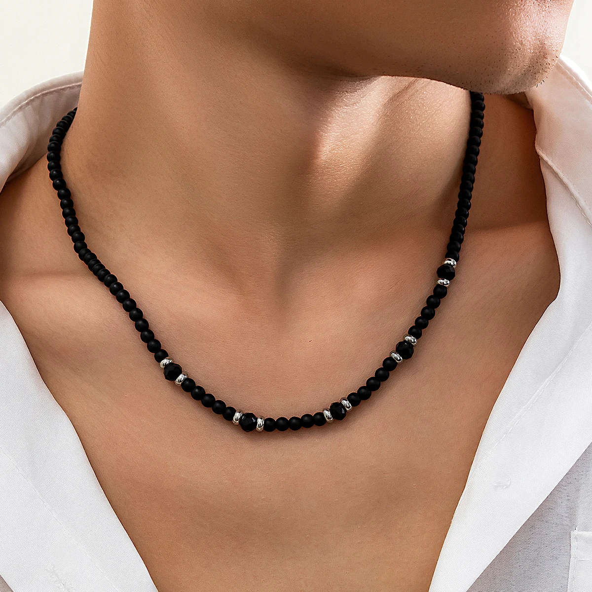 Salircon Punk Black Crystal Bead Clavicle Necklace Men\'s Simple Ethnic Style Bead Chain Choker On Neck Jewelry Gift