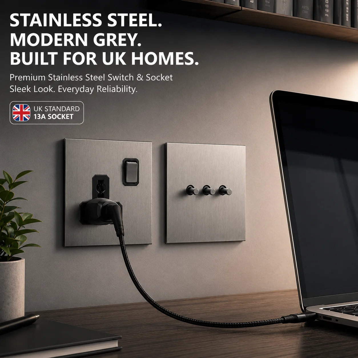 

Grey Stainless Steel Metal Panel Wall Wall Light Switch 2 Way Universal Power Socket Europe UK French Socket Type C Charger Port