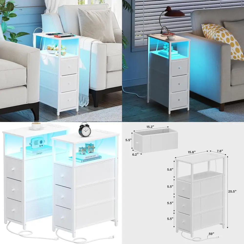 

Высокий приставной столик с двумя ящиками и зарядной станцией, белый, для гостиной