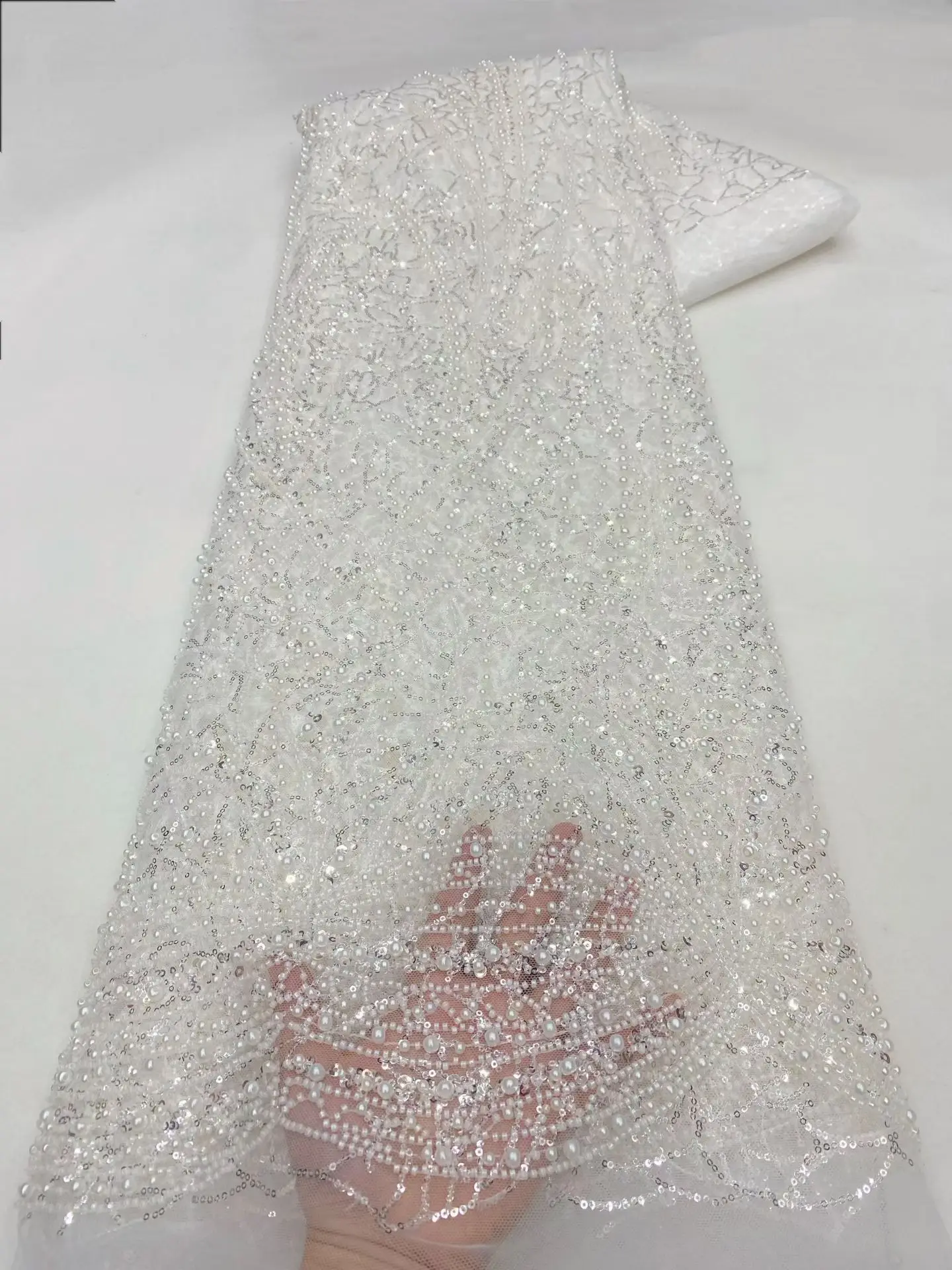 الأربطة الفاخرة للبيع 5 ياردة أحدث أقمشة الدانتيل جودة عالية 2025 اليدوية الخرز الدانتيل النسيج الترتر التطريز لحفل الزفاف H6-1 #5