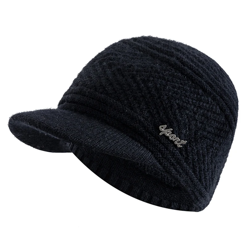 New Men Winter Hats Casual Keep Warm Beanie Cap Male Sports Brim Knitted Hats