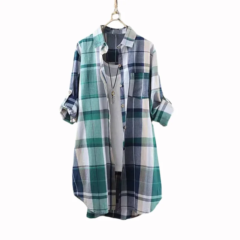 Elegancka bluzka damska Modna luźna koszula damska w kratę z guzikami - idealna na wiosnę/lato