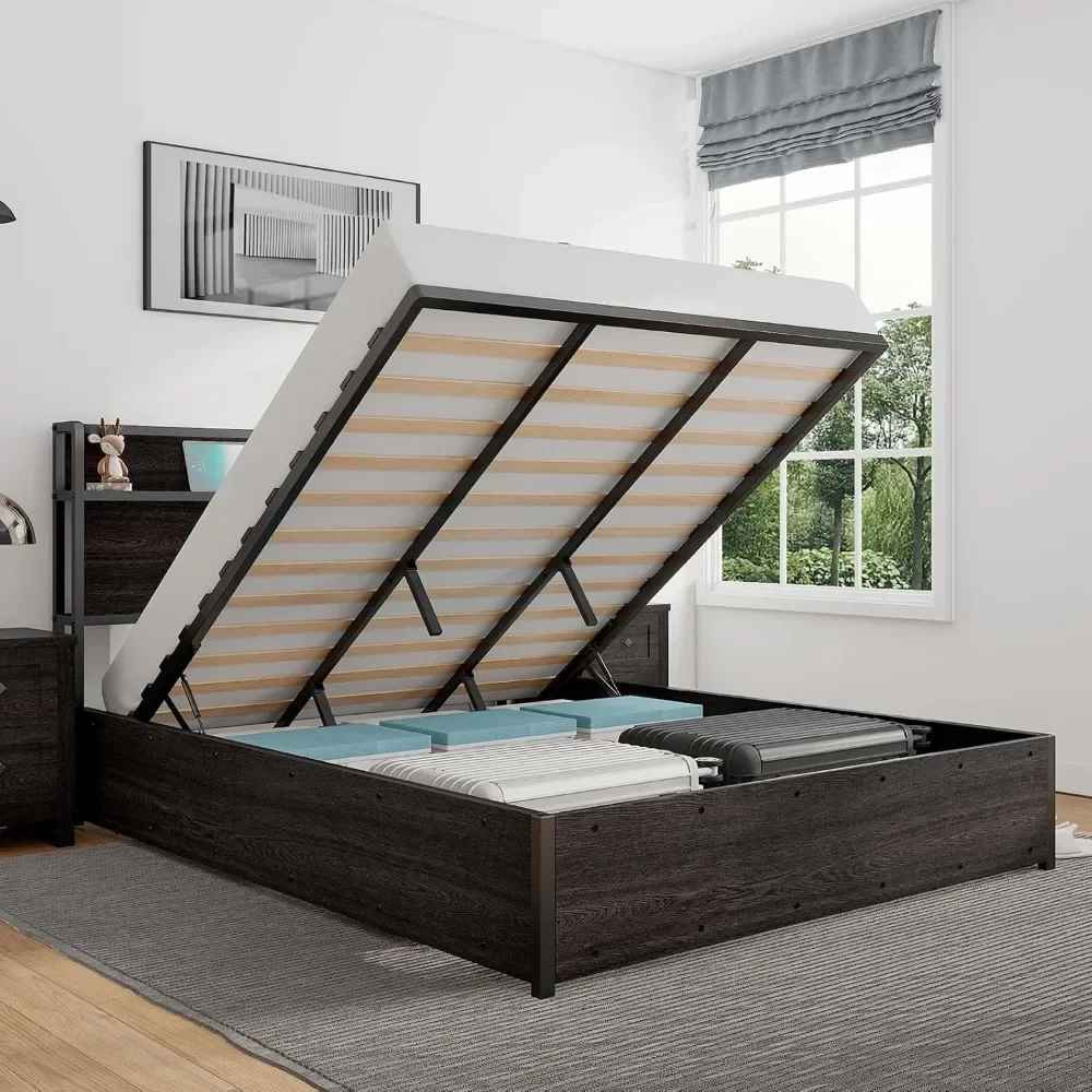 Queen Size Lift Up Storage Bed with Storage Headboard & Charging Station No Box Spring Needed Easy Assembly Wood Bed Frame