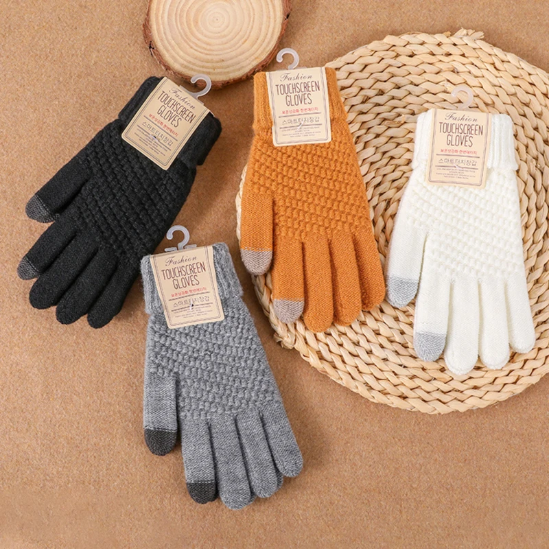 Winter Touch Screen Gloves Warm Stretch Knit Mittens Imitation Wool Full Finger Guantes Female Crochet Luvas Glove for Women Men