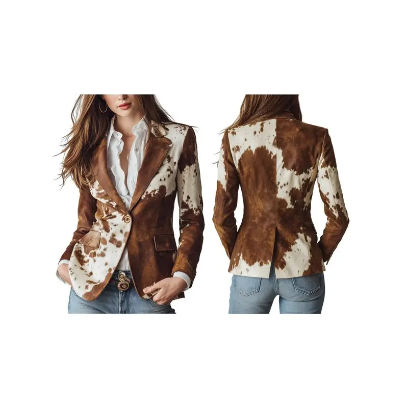 ABRT-Long-Sleeved Lapel Cow Print Cropped Jacket Button Down Blazer For Women Slim Fit Fall Outftis Brown Single Button M