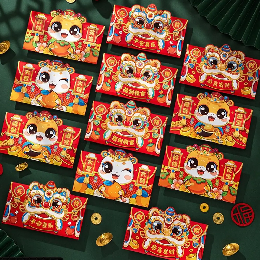 Sobres rojos de Año de serpiente china de dibujos animados, papel tradicional, bolsillos para dinero de la suerte, bendición Hongbao 2025, sobres rojos de Año Nuevo, 6 uds.