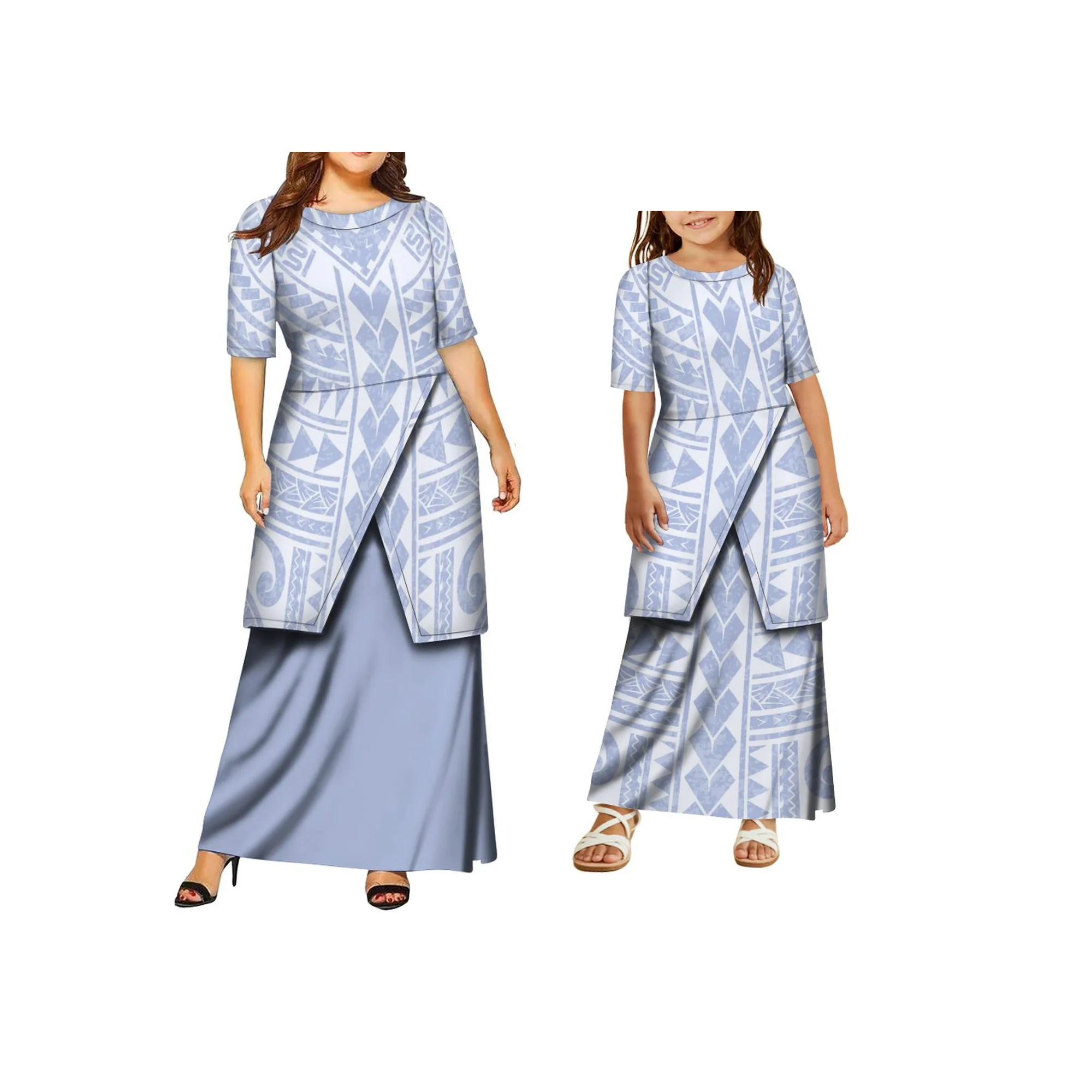 فستان صيفي مخصص للأم والبنت بتصميم على الطراز البولينيزي مكون من قطعتين فستان ساموا Puletasi برقبة دائرية نصف كم