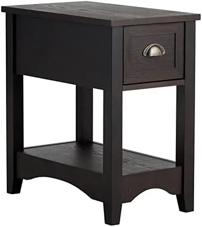 

End Table with Drawer, Retro Narrow Side Table, Nightstand with Solid Wood & Stroage Shelf, Bedside Table for Living Room Be