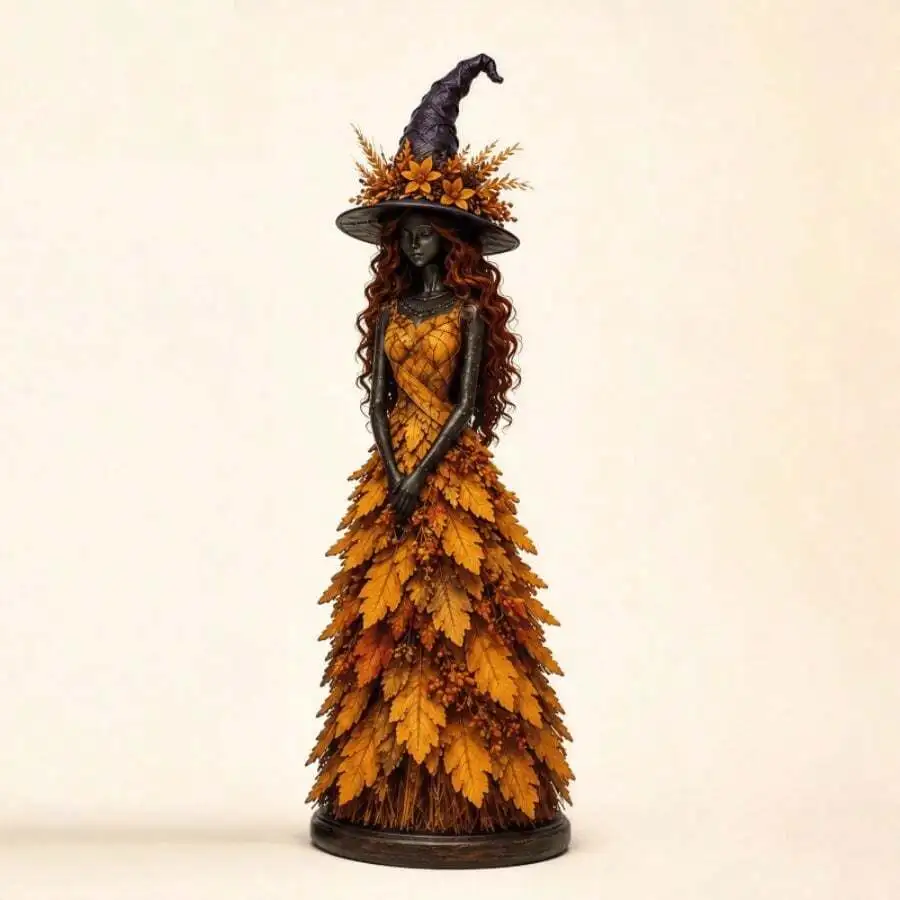1pc Vintage Enchanted Harvest Witch Lady Figurine, Detailed Maple Leaf & Berry Embellished Witch Dress & Pointed Hat, Solid Resi