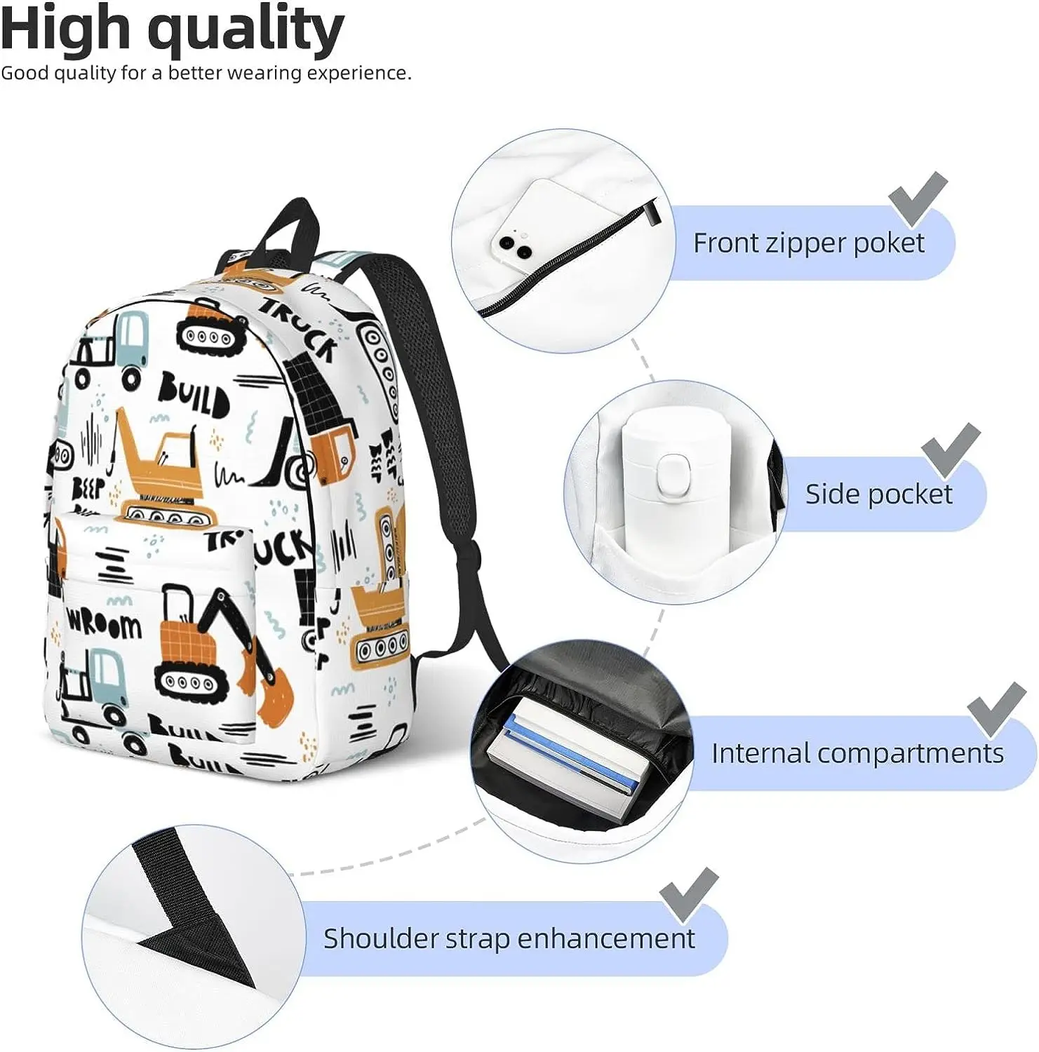 Backpack Casual Lightweight Cartoon Truck Laptop Backpack Men Women Travel Bag Outdoor Canvas Daypack