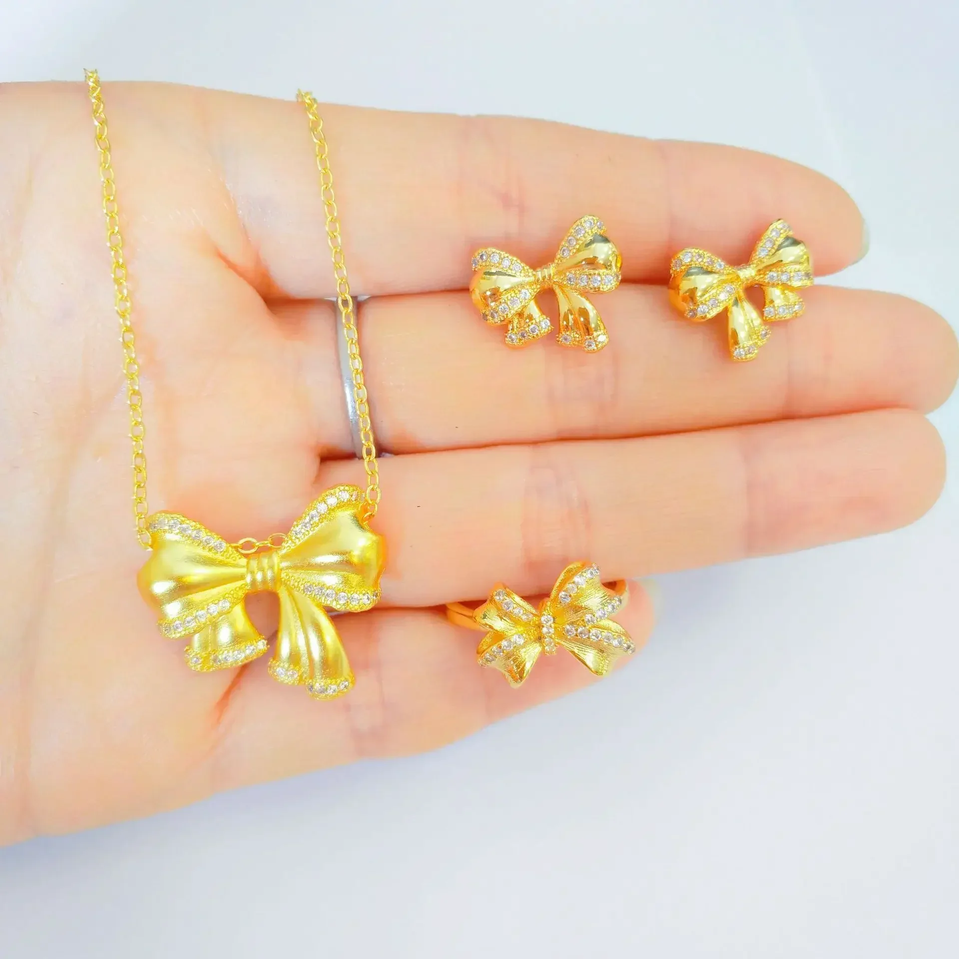 9999 real gold 24 K bow Set Princess Bracelet Necklace Ring Earrings jewelry