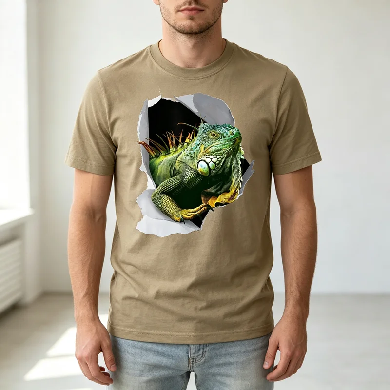 Iguana Rip Graphic T Shirt Lizard Reptile Breakthrough Print Mens 100% Cotton Crew Neck Top  Oversized T Shirt Harajuku
