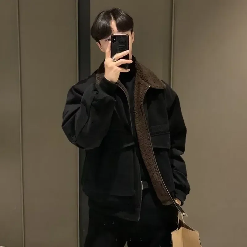 

Autumn Fleece Jacket Men's Korean Luxury Windproof Winter Outerwear Patchwork Fashion Warm Coat Streetwear Harajuku Windbreaker