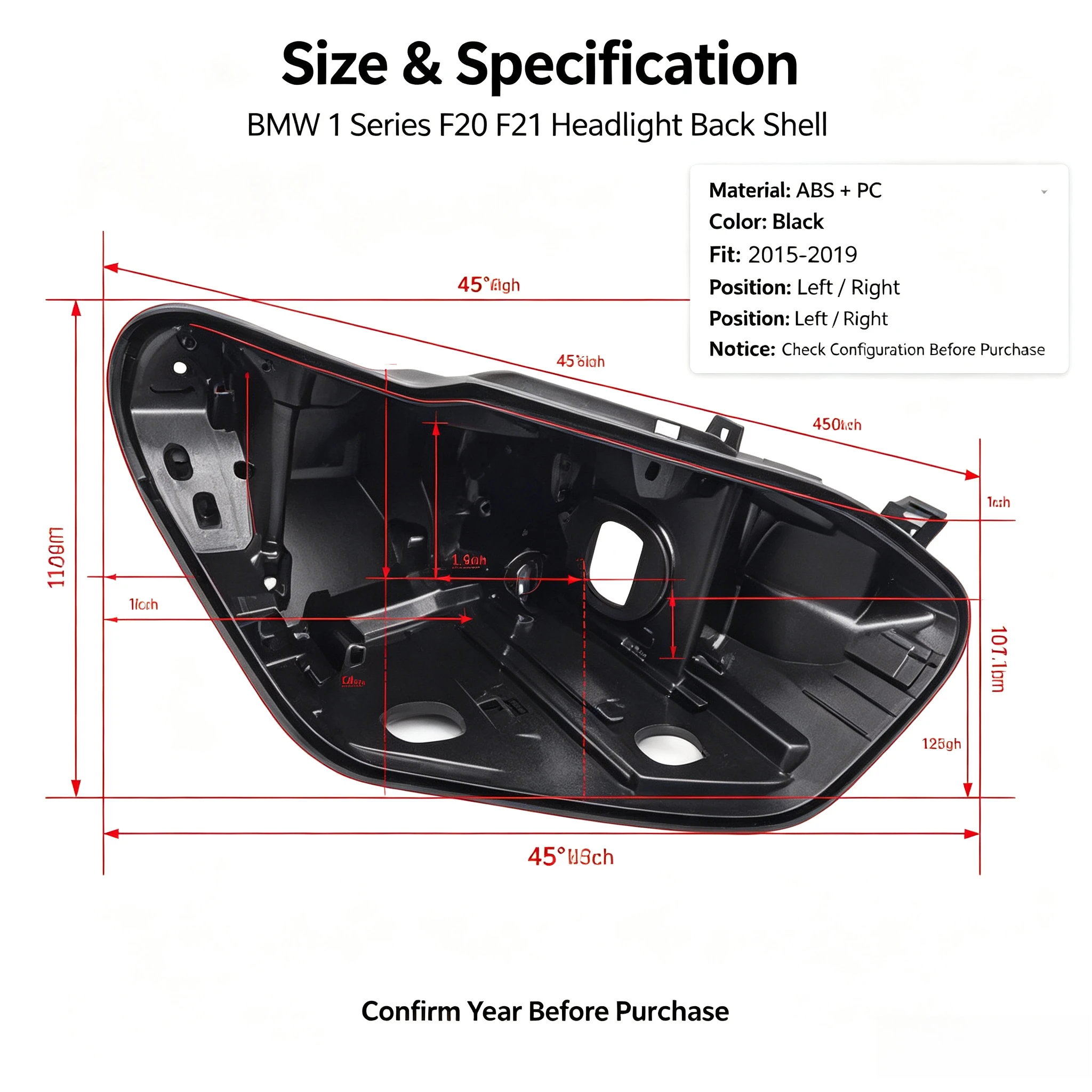 Moggic Black Headlight Rear Housing Base Shell For BMW 1‑Series F20 Hatchback 2015‑2019, Front Headlamp Back Bottom Housing
