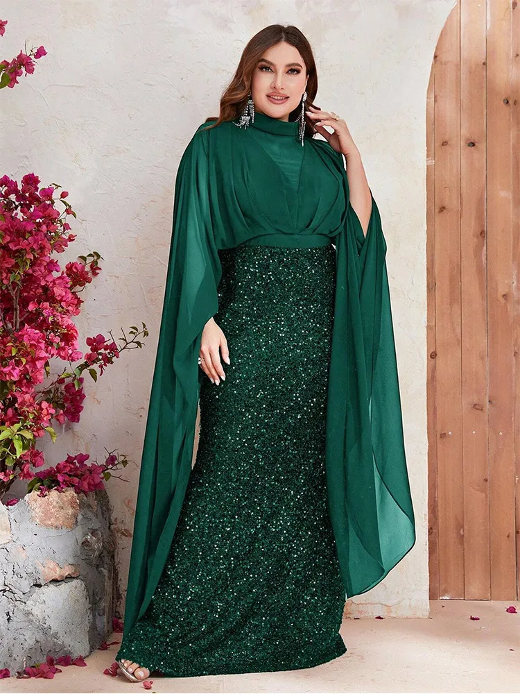 Plus Size 4xl 5xl Green Extra Long Cape Sleeves Beaded Hip Wedding Evening Dress Elegant Luxury Plus Size Prom Sparkling Dress