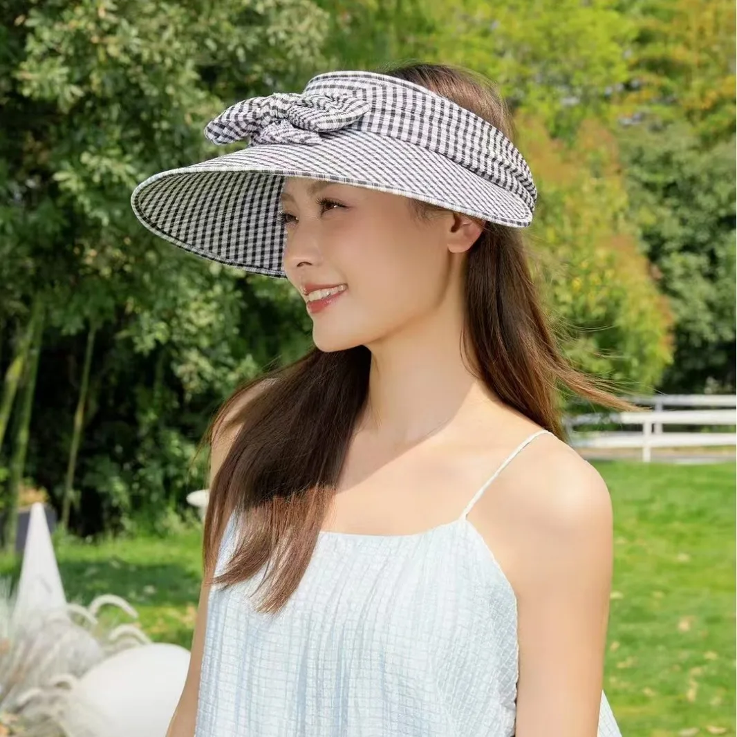 

2025 New Women's Sunscreen Hat - Summer Hollow Top Travel Sun Hat Foreign Style Small Checkered Plaid Big Brim UV Protection Cap