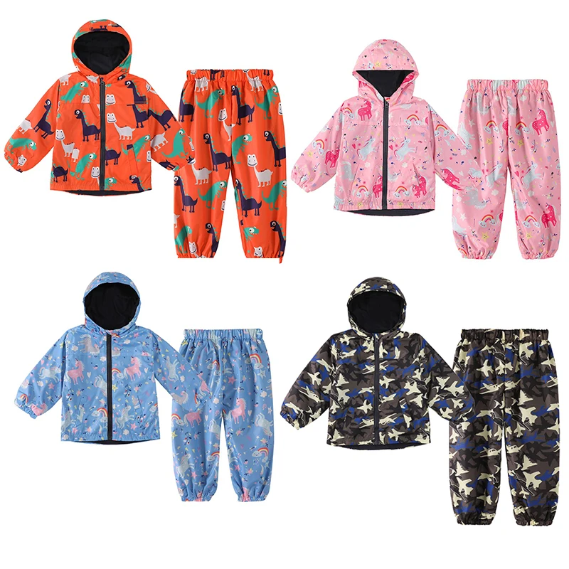 Cartoon Waterproof Baby Girls Clothes Hoodie Sets Autumn Rainwear Jacket+Pants Boys Suit Children Raincoat Outfits Tracksuits