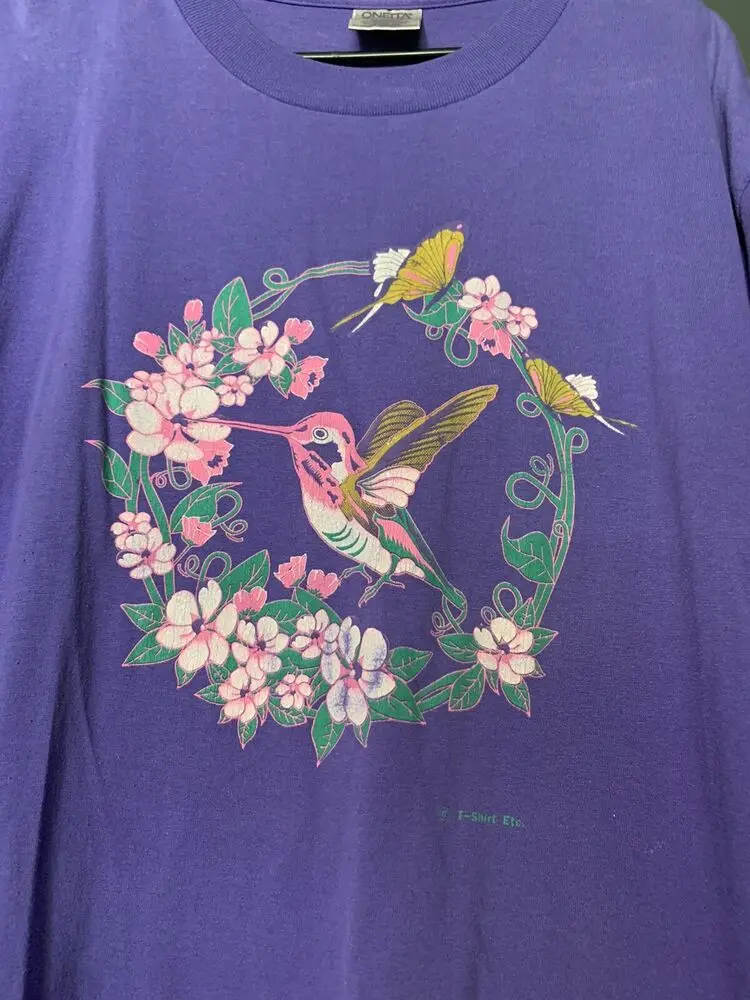 Vintage Single Stitcg Hummingbird Garden Flower T Shirt XL