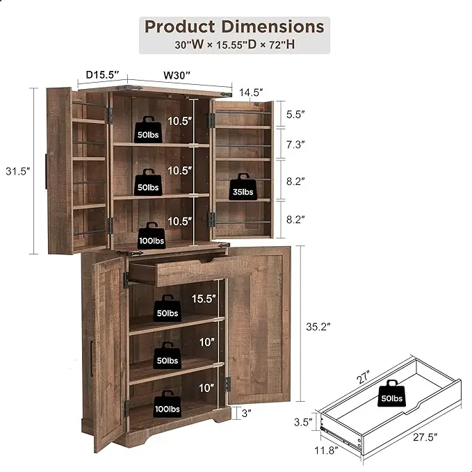 Minimalist Farmhouse Tall Storage Pantry, Double Barn Style Doors, Adjustable Shelves, Large Capacity Cupboard for Home Kitchen
