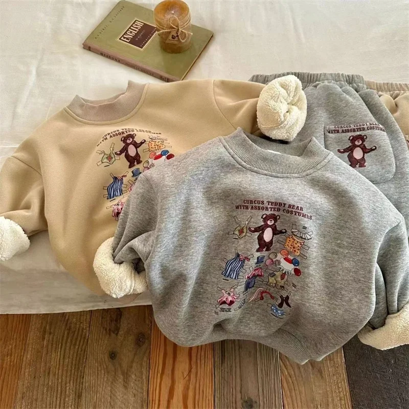 Boys Girls Padded Fashion Sets Children Autumn Winter Cartoon Suits Kids Casual Sweatshirt+Pants 2Pcs Outfits New Trend Clothing