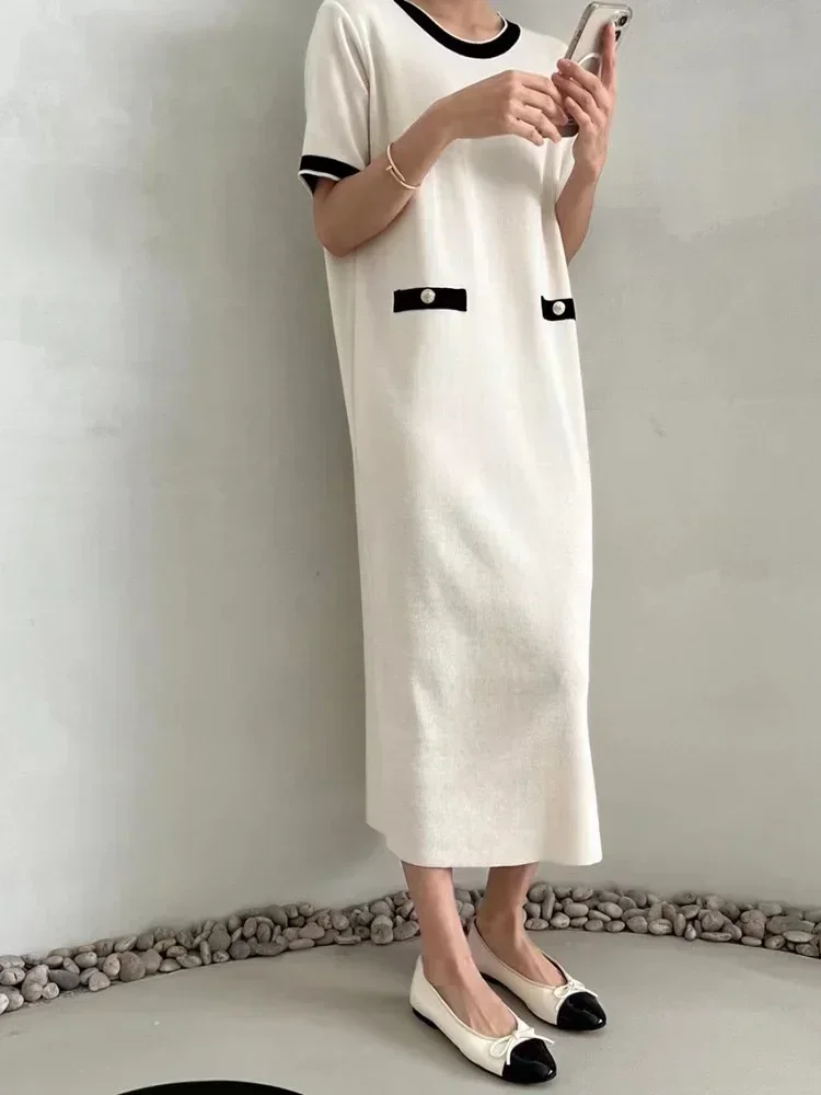 New Elegant French Style Knit Dress Women O-neck Contrast Color Short Sleeve Casual Midi Long Dresses Korean Fashion Vestidos