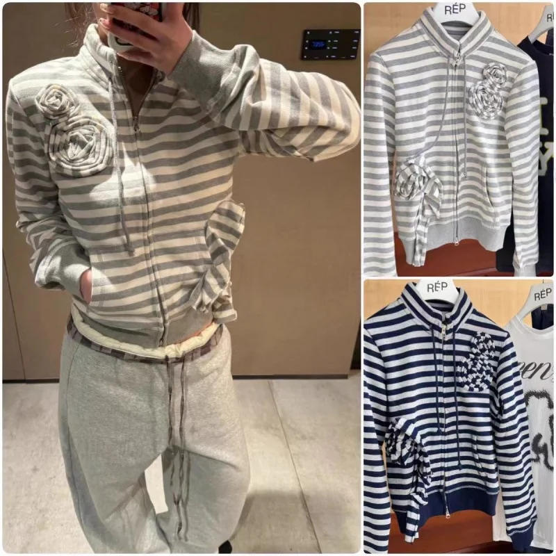 

New Openyy Spring Early 3D Rose Flower Stripe Color Blo Double Zipper Sweatirt ort Jaet Women's Faion Retro Sle