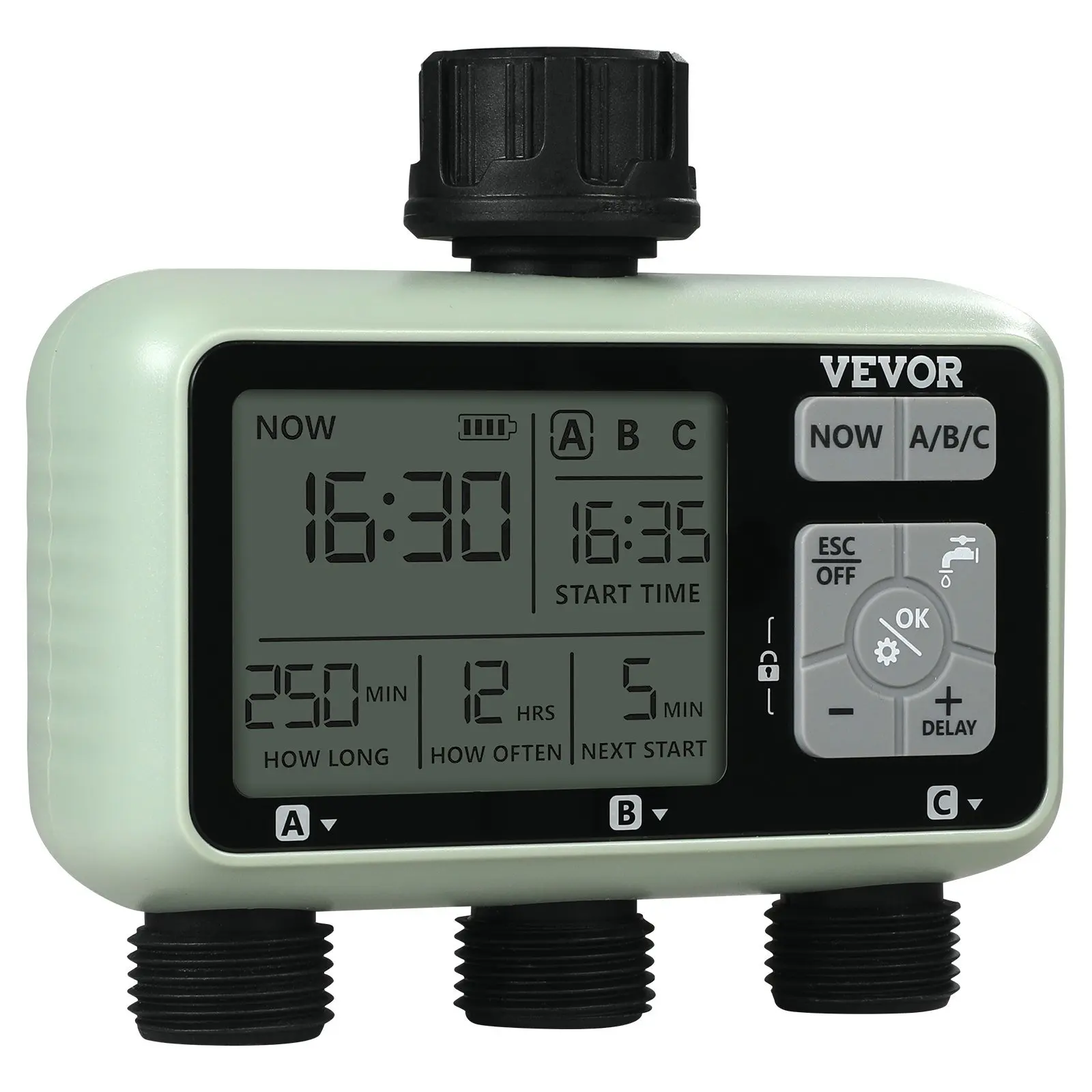 

VEVOR Water Timer, 3 Outlets, Hose Watering Sprinkler Timer, with 3 Independent Watering Zone LCD Display Rain Delay Mode Manual