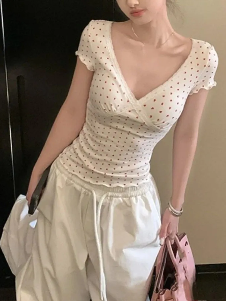 Women T Shirts Lace Patchwork Short Sleeve Slim Printed Fashion Sweet Crop Tops Ladies Vintage Elegant Tee Shirt