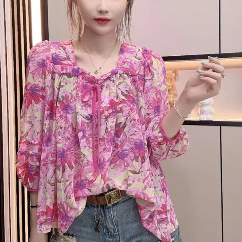 Women Summer Korean New Square Collar Chiffon Shirt Trendy Design Printing Drawstring Sun Protection Shirt Loose 3/4 Sleeve Tops