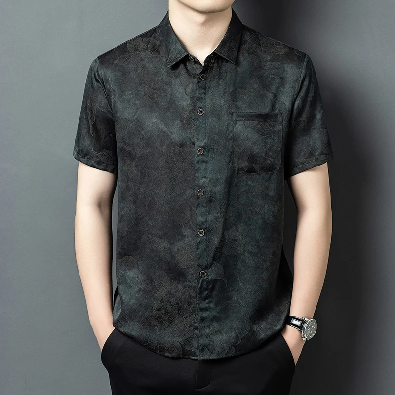 Natural Silk 100% Skin-Friendly Shirts For Men Short Sleeve Cool Summer Quality Smooth Comfortable Lightweight Camisas De Hombre