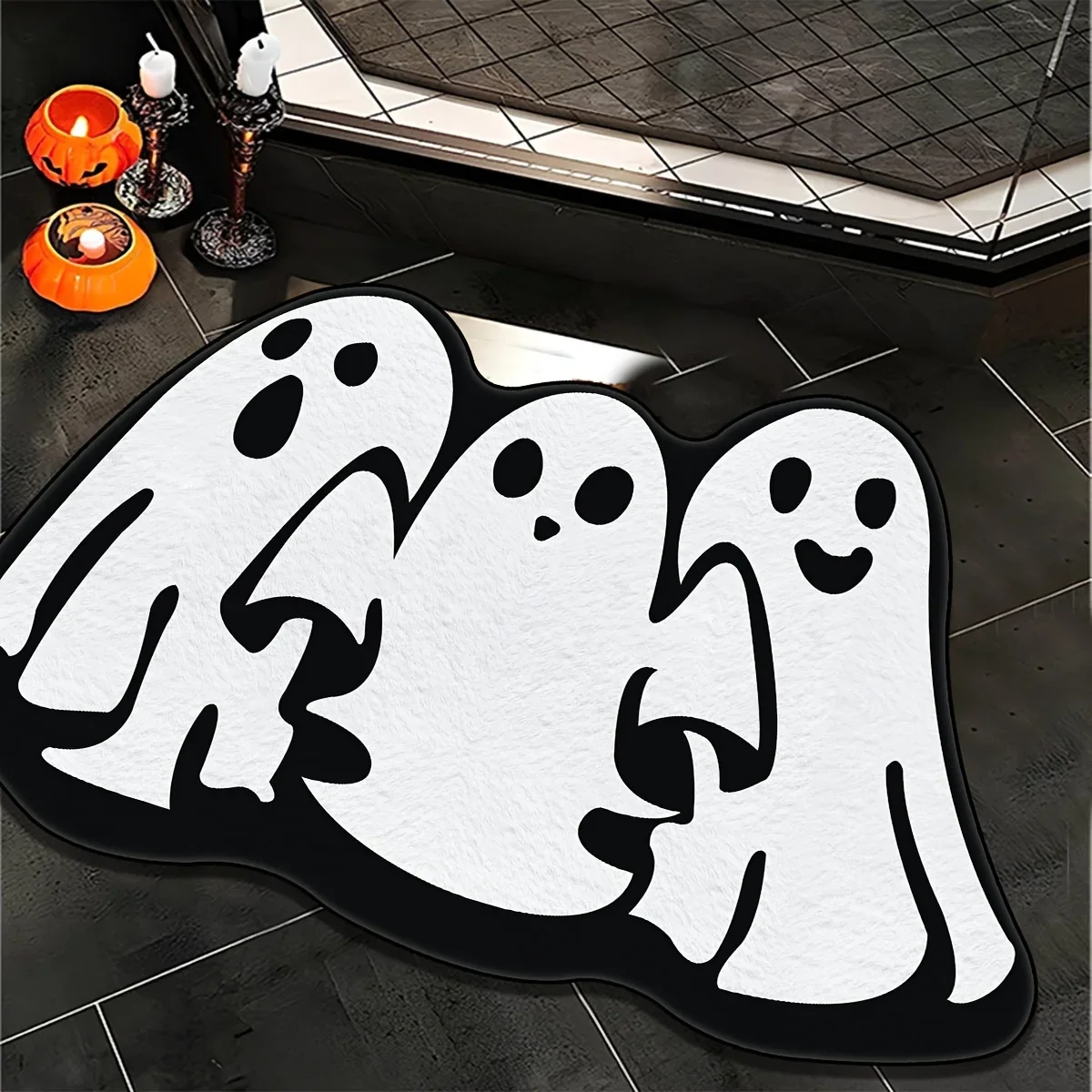 Halloween Holiday Bathroom Carpet with 3 Cute Ghosts, Waterproof and Easy To Clean, Suitable for Bathroom Doors and Bathtubs