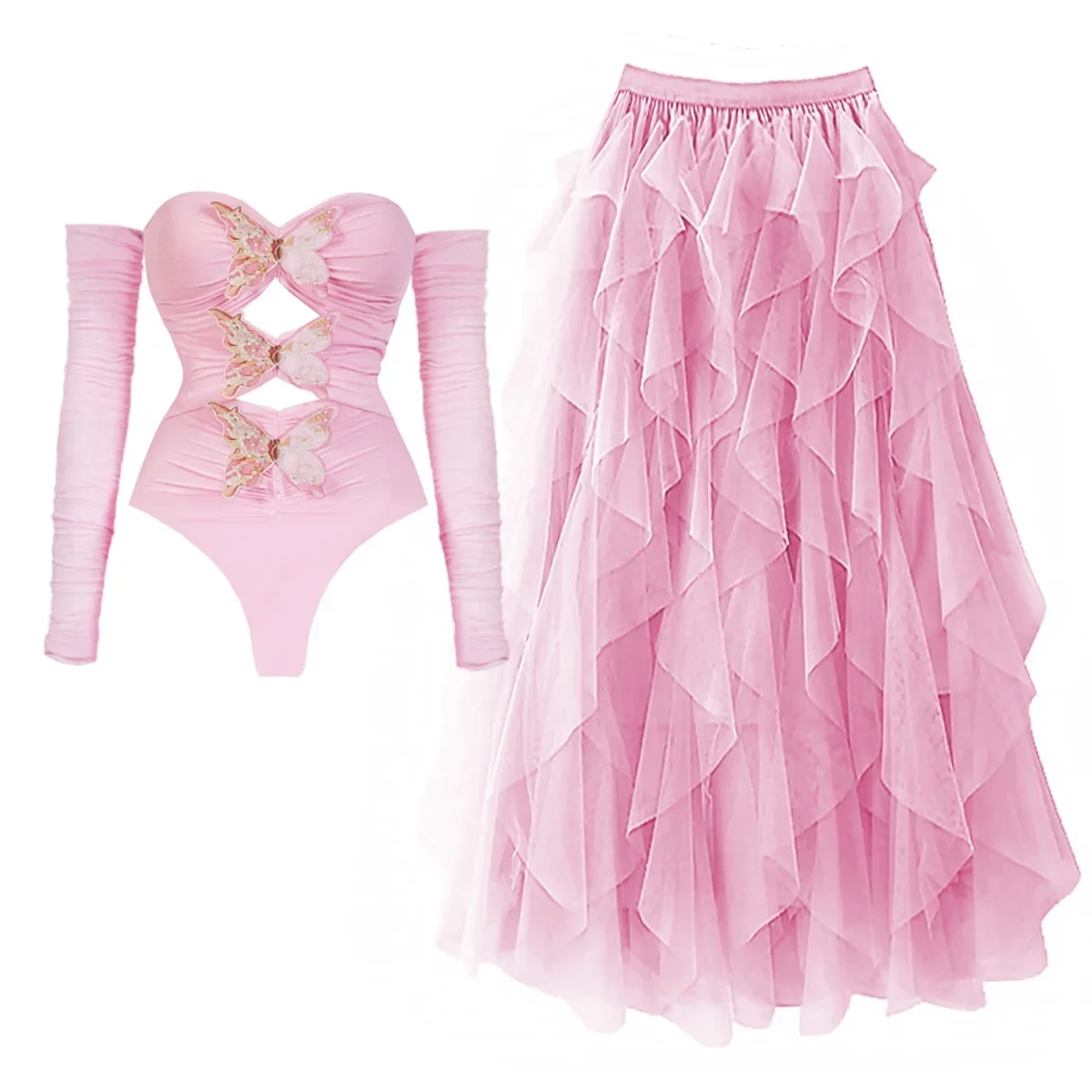 

2Pcs Pink Butterfly Swimsuit Long Skirt Women Sexy Bikini Hollow Swimwear Push Up Biquini Female Cut Out Bathing Suit Beachwear