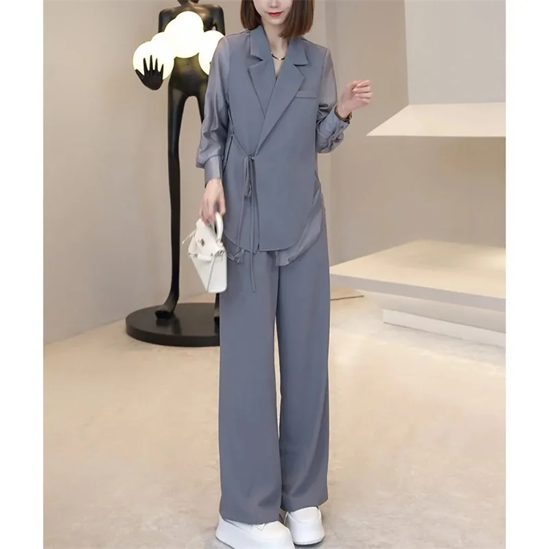 2025 High Quality Stitching and Binding Design Outerwear Showing Thin Wide Leg Pants Solid Color Two Piece Set Women's Trend V44