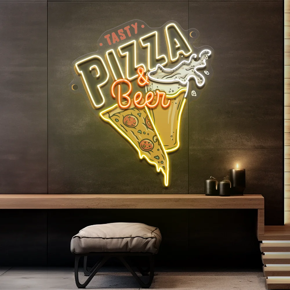 

Вкусная пицца и пиво, светодиодная неоновая вывеска на заказ, ресторан, пицца, магазин, украшение окна, световая вывеска, домашний декор для кухни, стены, неоновый свет