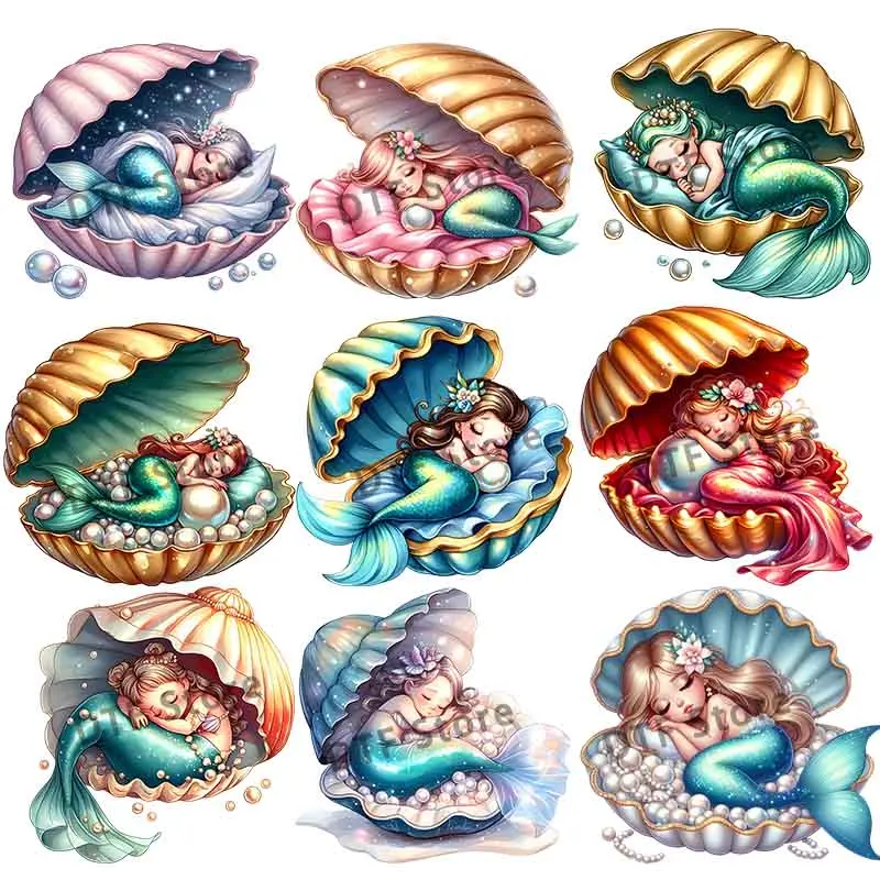 Pearl mermaids sleeping hidden in shells dtf transfers ready to press Heat Transfer On Children's clothing iron on heat transfer