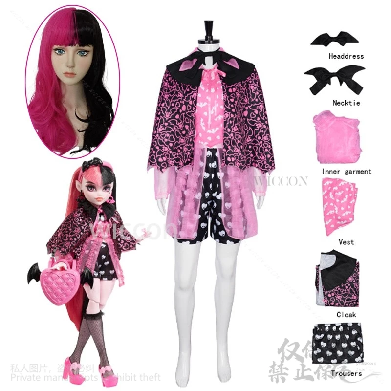 Anime Movie Monster Cosplay Dress High Girl Draculaura Costume Lolita Cos Pink Black Wig Halloween Women Fancy Roleplay Outfit