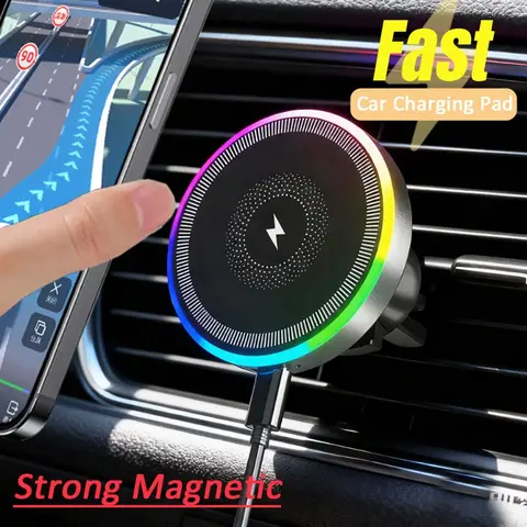 RGBライト搭載 車載マグネット式スマホホルダー エアコン吹き出し口スタンド ワイヤレス充電器 MagSafe対応 iPhone 16 15 14 13 12 Pro Max 急速充電ドック